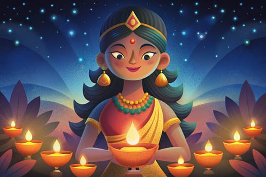 Happy Diwali design with a young beautiful Indian woman holding an oil lamp diya. Ai generated illustration
