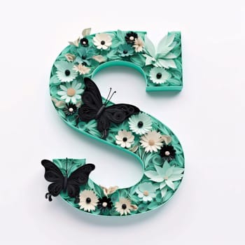 Graphic alphabet letters: Floral capital letter S decorated with paper flowers and butterflies on white background