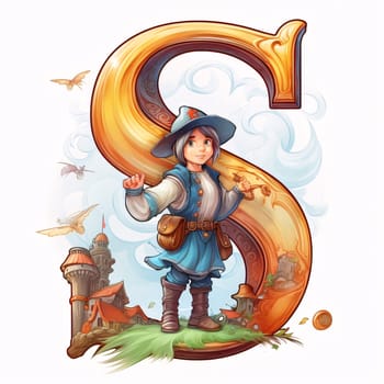 Graphic alphabet letters: Illustration of a letter S with a witch and a castle in the background