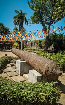 Cannon at Fort San Pedro in Cebu, Philippines, is a triangular-shaped fortress with lush greenery, historic cannons, and a view of the bustling city