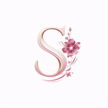 Graphic alphabet letters: Beautiful letter S with pink flowers and leaves. Vector illustration.