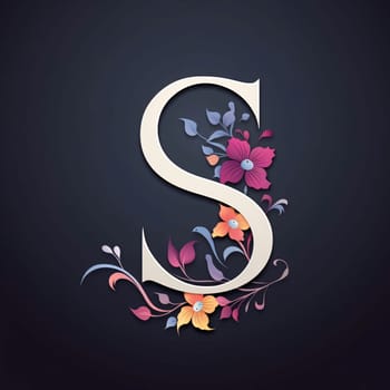 Graphic alphabet letters: Alphabet letter S with floral ornament on dark background. Vector illustration.