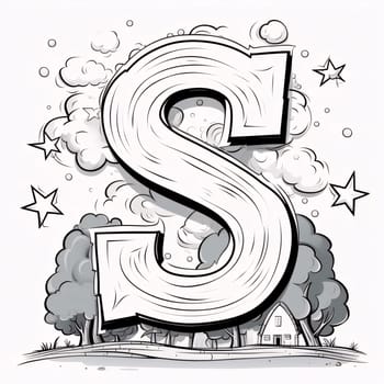 Graphic alphabet letters: Vector Cartoon Alphabet - Letter S. Black and white illustration for coloring book.