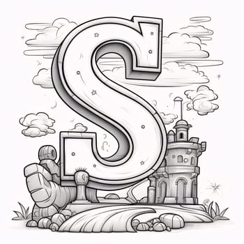 Graphic alphabet letters: Font design for the capital letter S with a castle in the background