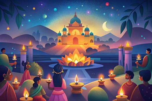 Indian People Celebrating Diwali Festival With Firecrackers On An Indian Palace Background. Ai generated illustration