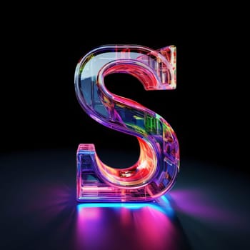 Graphic alphabet letters: Neon letter S, 3D render of neon font with light reflections