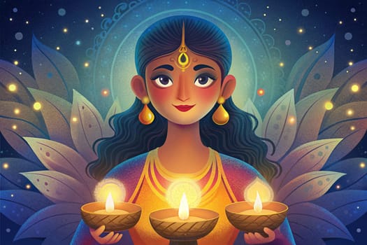 Happy Diwali design with a young and beautiful Indian woman holding an oil lamp diya. Ai generated illustration