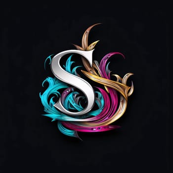 Graphic alphabet letters: Letter S with colorful floral design elements on black background. Vector illustration.