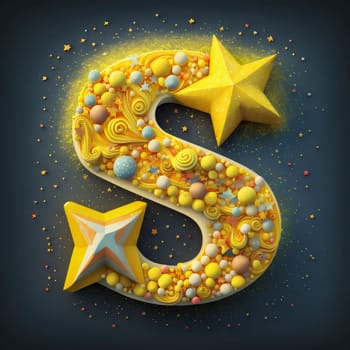 Graphic alphabet letters: Star and candy font. Letter S. 3D render isolated on black background