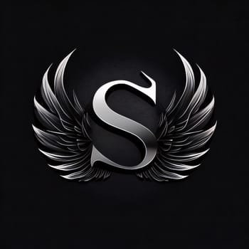 Graphic alphabet letters: Silver letter S with wings on a black background. 3d rendering