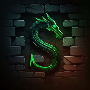 Graphic alphabet letters: Dragon zodiac sign on dark brick wall background, 3d render