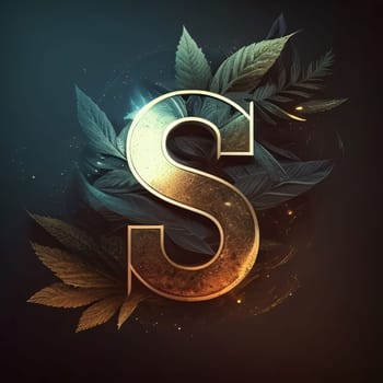 Graphic alphabet letters: Golden letter S with green leaves on dark background. Vector illustration.