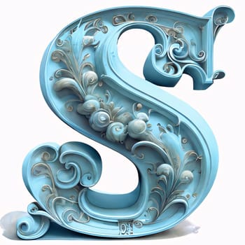 Graphic alphabet letters: Blue 3D capital letter S in the style of Baroque.