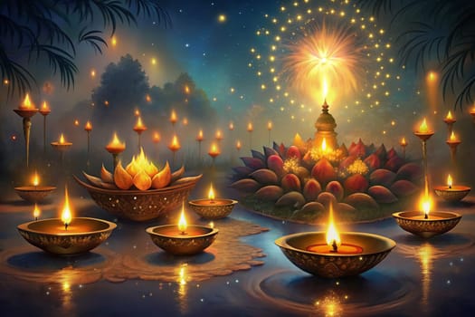 Happy Diwali Poster with Diya Lamps. Indian festival of lights Design. Suitable for Greeting Card, Banner, Flyer. Ai generated illustration