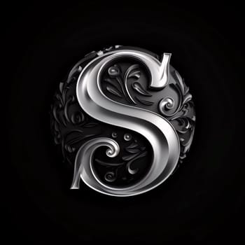 Graphic alphabet letters: Silver letter S with floral pattern on black background. 3D rendering