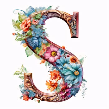 Graphic alphabet letters: Alphabet letter S with flowers. Floral font. Watercolor illustration