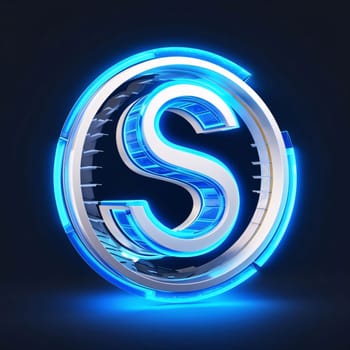 Graphic alphabet letters: Glowing blue neon letter S on dark background. 3D rendering