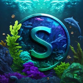 Graphic alphabet letters: Letter S of the alphabet with underwater background. 3D rendering.