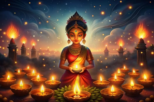 Happy Diwali illustration with a beautiful Indian woman among an oil lamps diya. Ai generated illustration