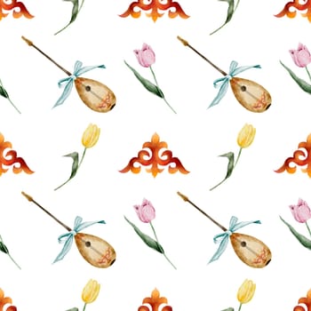 Kazakh watercolor pattern.Ornament with national symbols and dombra, with pink and yellow tulips. Spring hand drawing for the Nauryz holiday, for printing on textiles and wrapping paper in a traditional style