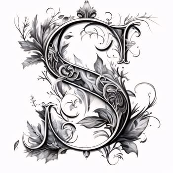 Graphic alphabet letters: Vintage capital letter S with floral ornament. Hand-drawn illustration.