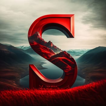 Graphic alphabet letters: Red letter S on a background of mountains and lake. 3d rendering