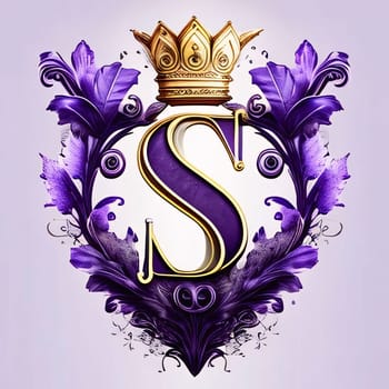 Graphic alphabet letters: Luxury letter S with crown and floral ornament. Vintage design.