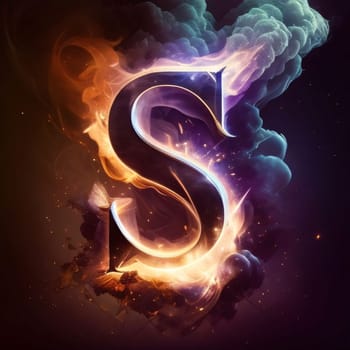 Graphic alphabet letters: Shiny letter S in fire, smoke and fire effect. Vector illustration.