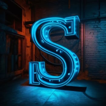 Graphic alphabet letters: Blue neon letter S on a dark background. 3D Rendering