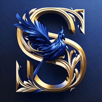 Graphic alphabet letters: Golden letter S with blue pattern on blue background. 3d render