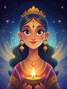 Happy Diwali design with a beautiful Indian woman holding an oil lamp diya. Ai generated illustration