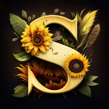 Graphic alphabet letters: Wooden letter S with sunflowers and wheat on dark background