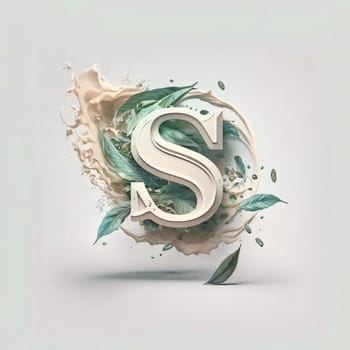 Graphic alphabet letters: S letter with green leaves and splashes. 3d illustration.