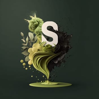 Graphic alphabet letters: Letter S made of green and black splashes with flowers and leaves