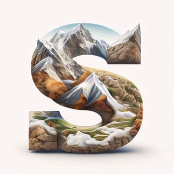 Graphic alphabet letters: Alphabet letter S with mountains and snow. 3D illustration.