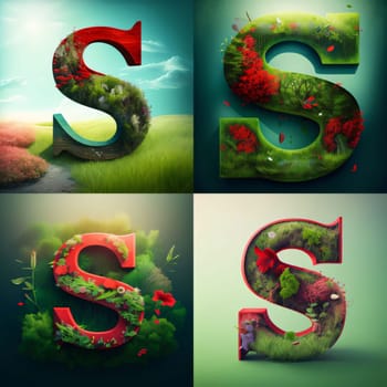 Graphic alphabet letters: 3d render of the letter S in the green grass with flowers