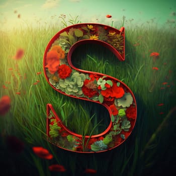 Graphic alphabet letters: Letter S made of flowers in the meadow. 3D rendering