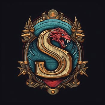 Graphic alphabet letters: Dragon head with crowns and letter S in vintage style. Vector illustration.