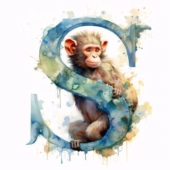 Graphic alphabet letters: Cartoon image of a monkey sitting on the letter S with watercolor splashes
