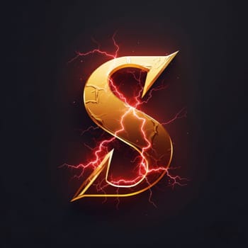 Graphic alphabet letters: Golden letter S with lightning effect on dark background. Vector illustration.