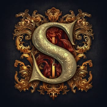 Graphic alphabet letters: Luxury letter S with gold ornament on black background. 3D rendering