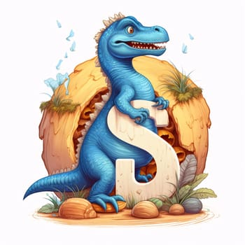 Graphic alphabet letters: Cartoon dinosaur with letter S in the desert. Vector illustration.