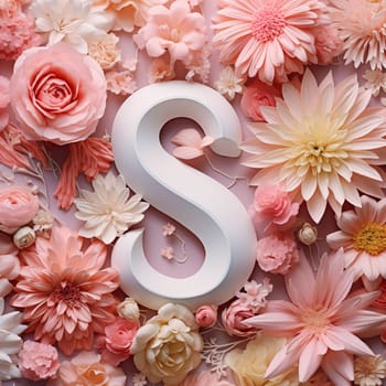 Graphic alphabet letters: Letter S made of flowers on pink background. Floral alphabet.