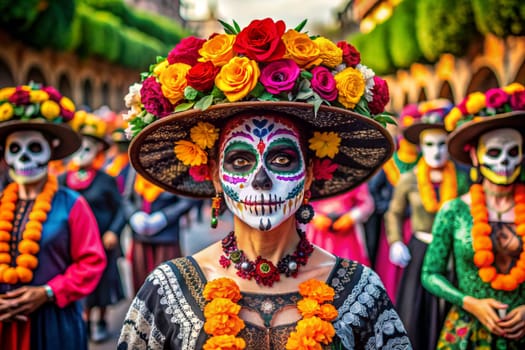 Mexican women wearing traditional sugar skull masks and costumes for Dia de los Muertos celebration. Ai generated image