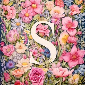 Graphic alphabet letters: Floral alphabet, letter S. Vintage floral background. Floral font.