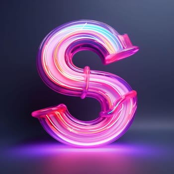 Graphic alphabet letters: Neon light letter S on a dark background. 3d illustration