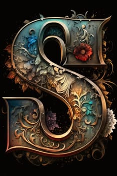 Graphic alphabet letters: 3D illustration of the letter S in the Gothic style with floral ornament.