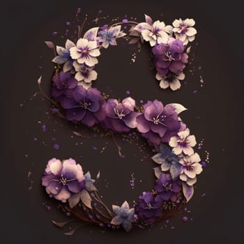 Graphic alphabet letters: Floral alphabet. Letter S made of watercolor flowers and leaves