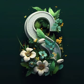 Graphic alphabet letters: letter S made of flowers and leaves on dark green background. 3D rendering