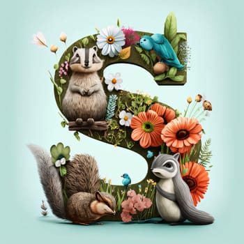 Graphic alphabet letters: Alphabet letter S with cute animals, birds, flowers and plants